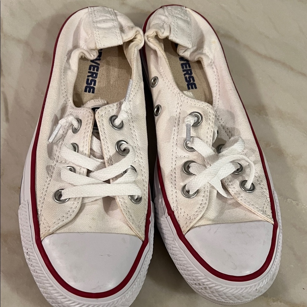 Converse All Stars White Canvas woman’s Low Top slide on Sneakers with Red Trim